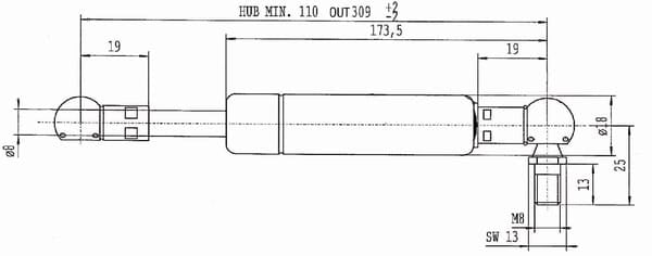 John Deere gasdæmper, varenr: CA960942, kugleled begge ender.